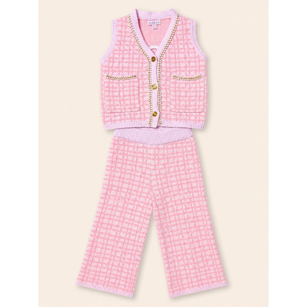 Btween Girls Size 2T Pink Plaid Knit Sweater Vest & Pants 2-Piece Set Gold Trim
